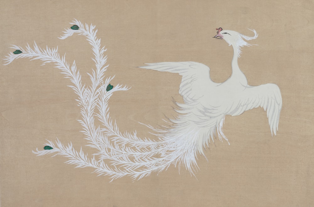 a painting of a white bird on a tan background