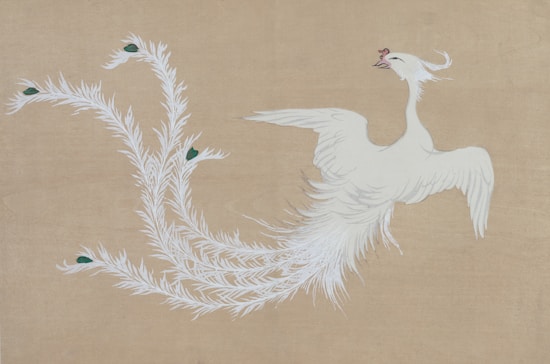A stylized white bird with long, flowing tail feathers is depicted on a beige background. The bird's wings are outstretched, and it appears to be flying. The feathers are intricately detailed, with hints of green at the ends.