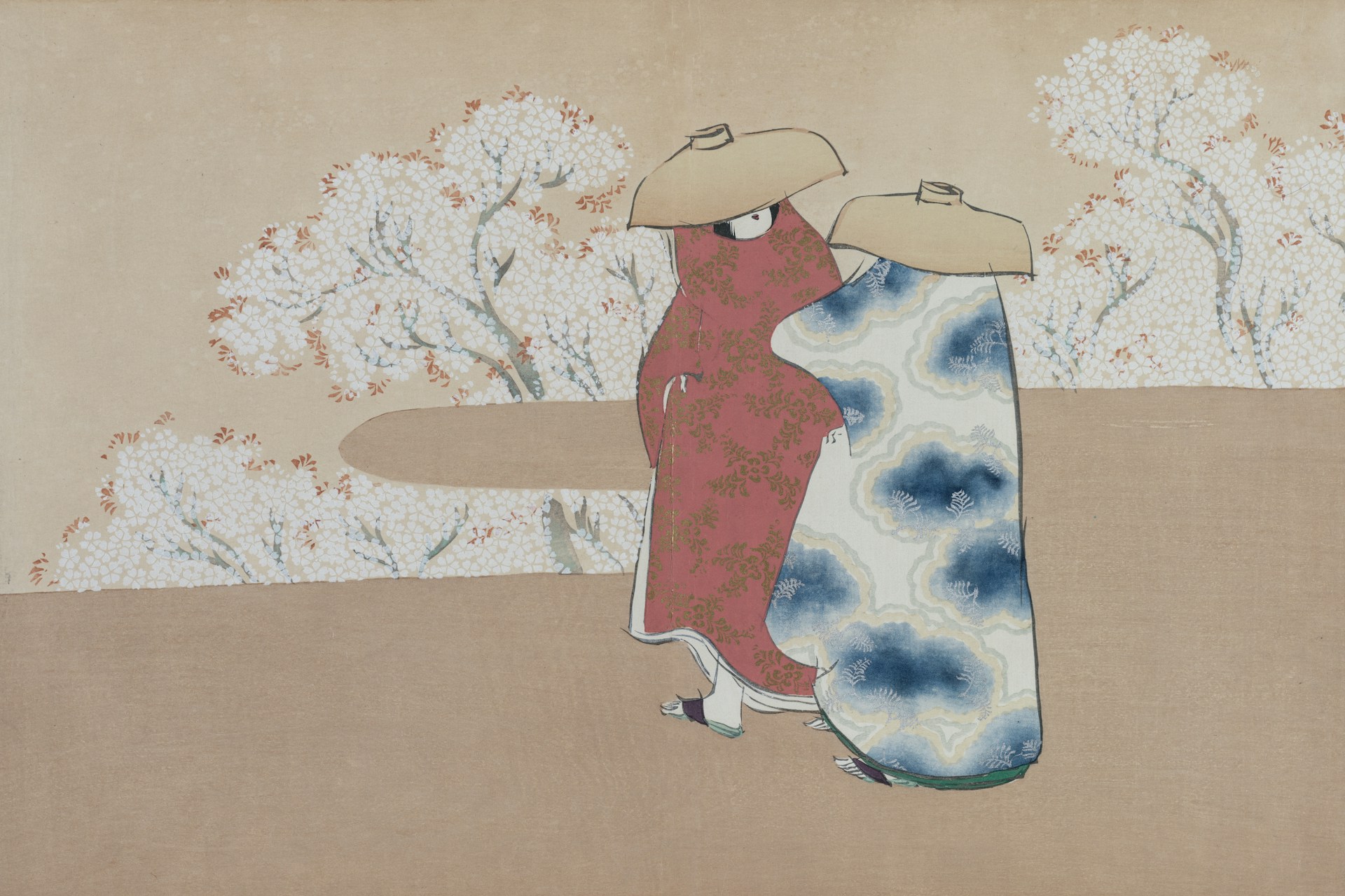 a painting of two women with hats on their heads