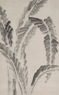 Ink painting featuring bold brush strokes forming abstract leaf-like structures, creating a sense of movement and natural fluidity.