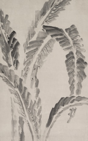 Ink painting featuring bold brush strokes forming abstract leaf-like structures, creating a sense of movement and natural fluidity.