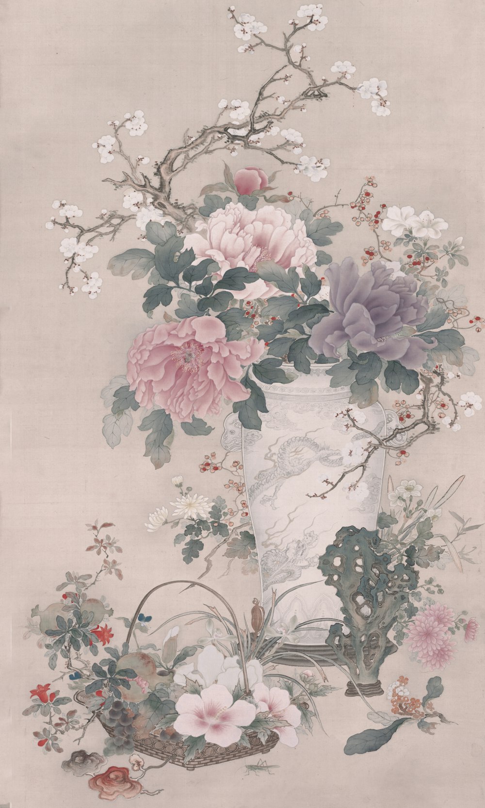 a painting of a vase with flowers in it