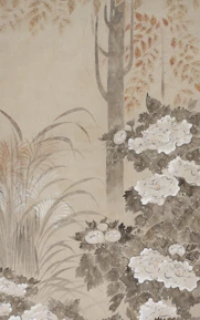 A serene botanical artwork featuring lush floral studies and subtle textures.