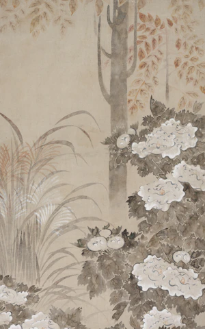 A serene botanical artwork featuring lush floral studies and subtle textures.