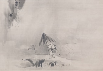 A solitary figure wearing a traditional straw hat walks amidst a minimalist landscape, featuring brushstrokes that suggest flowing water and distant foliage. The scene is rendered in a grayscale wash, emphasizing simplicity and a sense of harmony with nature.
