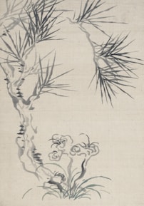 A traditional ink painting featuring a bamboo tree extending diagonally across the canvas. The branches and leaves are depicted with thin, delicate strokes. Beneath the tree, ornamental grasses or plants are drawn with swirling lines, adding an elegant balance to the composition.