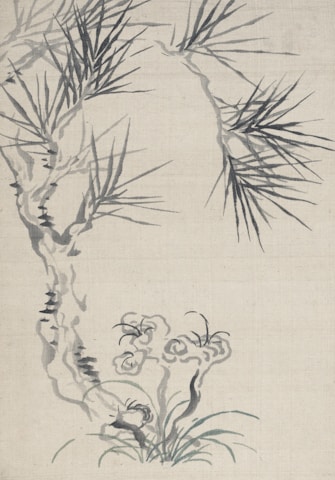 A traditional ink painting featuring a bamboo tree extending diagonally across the canvas. The branches and leaves are depicted with thin, delicate strokes. Beneath the tree, ornamental grasses or plants are drawn with swirling lines, adding an elegant balance to the composition.