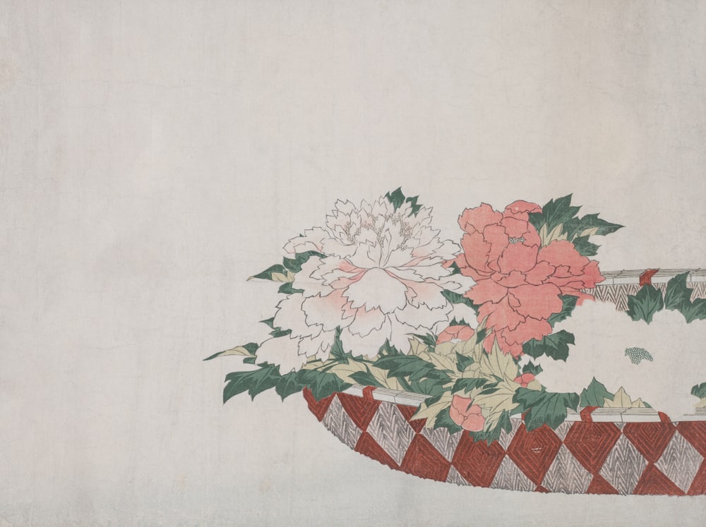 a painting of flowers in a basket on a wall