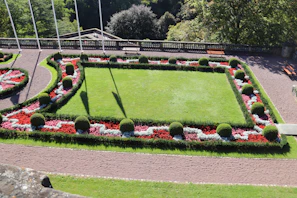 A well-maintained garden showing clear lines between lawn, flower beds, and stone paths.