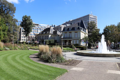 Urban park with smart irrigation systems conserving water.