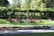 A well-maintained garden with vibrant flower beds, a neatly trimmed lawn, and a pergola covered with green vines. There is a paved pathway and a street lamp in the foreground, and steps leading up to another section of the garden on the right.