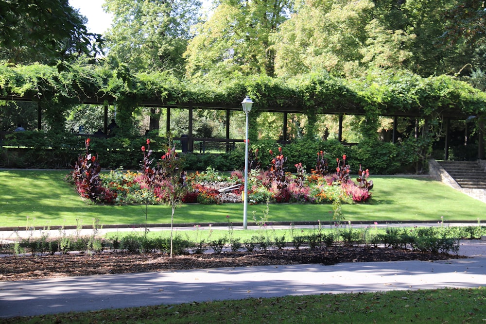 Ein üppig grüner Park voller Blumen