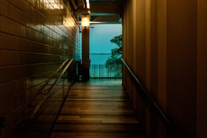 View of a tidy hallway outside the room with warm lighting.
