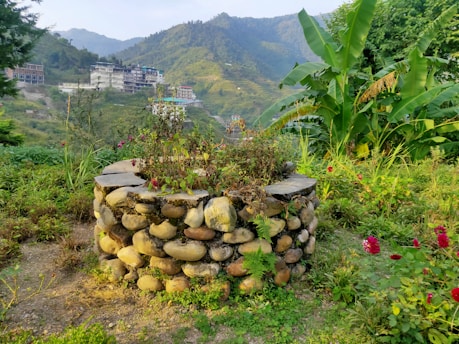 A stone well surrounded by green vegetation and flowering plants is set in the foreground. In the background, there are rolling hills with buildings and trees dotting the landscape. The sky is clear, contributing to a serene outdoor scene.