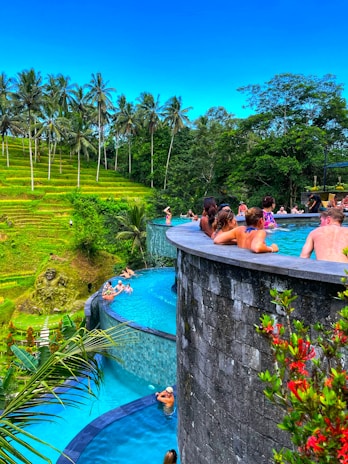 A multi-level infinity pool nestled amidst lush green palm trees and rice terraces. People relax and swim in the serene blue water under a clear blue sky, while others lean on the pool's edge. The surrounding tropical landscape enhances the tranquil setting.