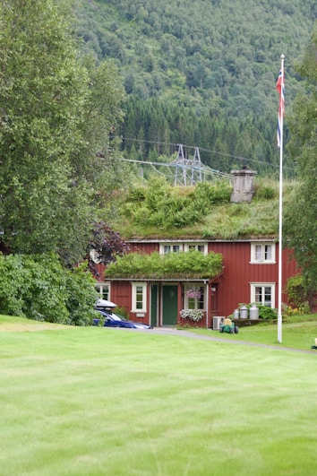 A quaint, red wooden house nestled in a lush green landscape features a unique grass roof. Surrounding the house are trees and well-maintained plants, with a lawn in the foreground. A flagpole with a flag flutters gently beside the house, and power lines stretch across the backdrop of dense forested hills.