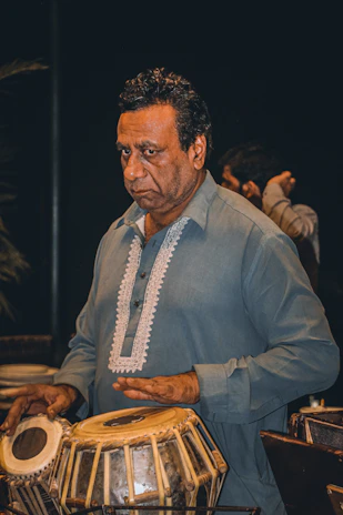 An energetic tabla performance capturing the rhythm and passion of Indian classical music.