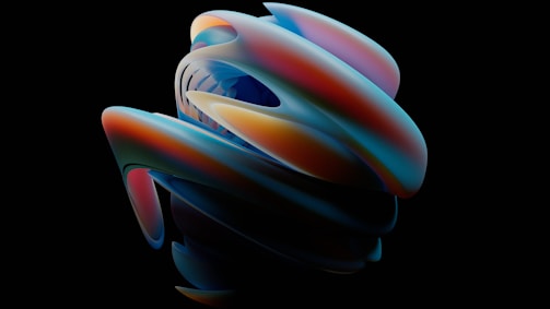 A complex, abstract 3D shape with smooth, intertwined curves featuring a gradient of colors on a black background. The structure appears dynamic, with seamless blending of hues creating a visually striking pattern.