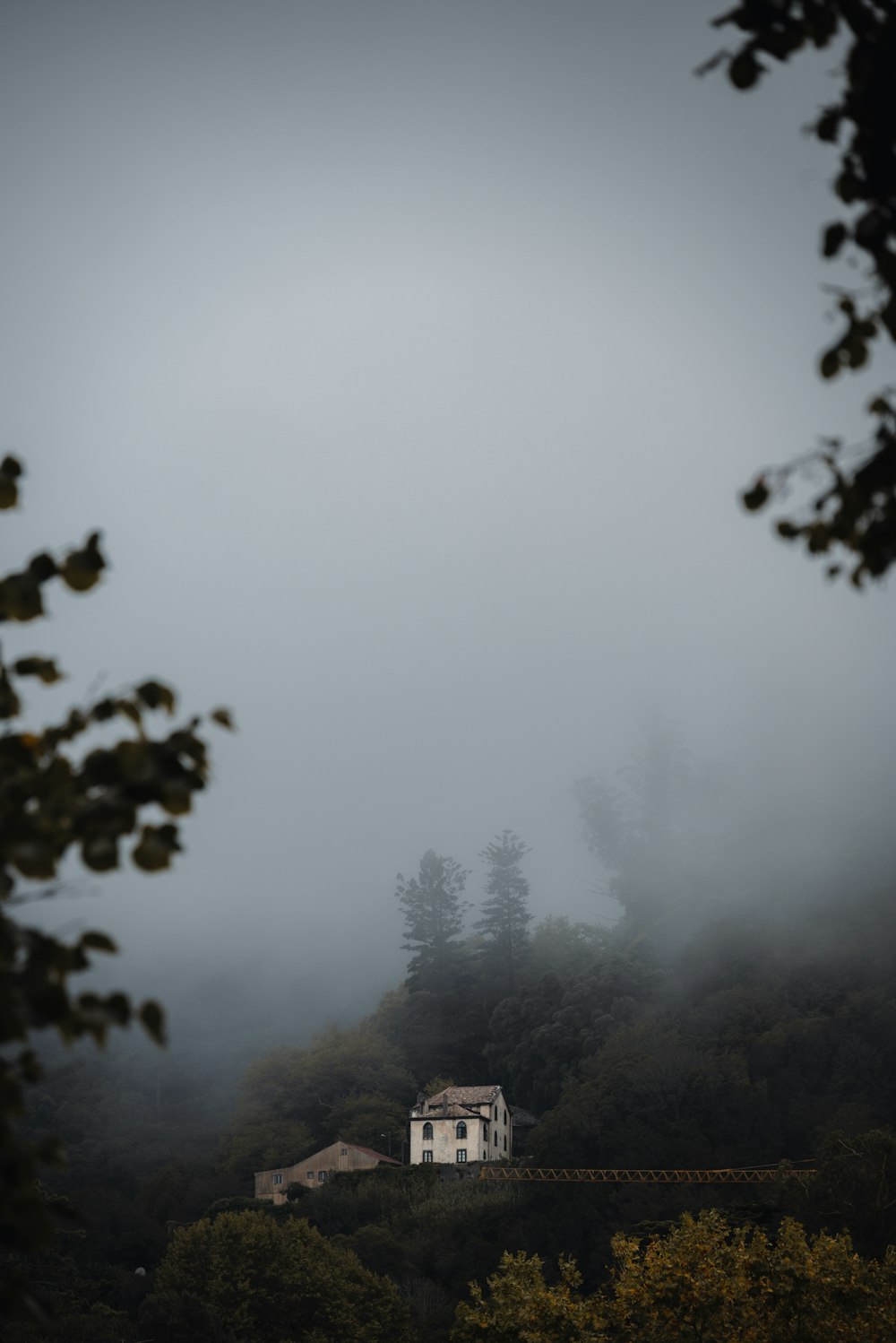 a white house sitting on top of a lush green hillside