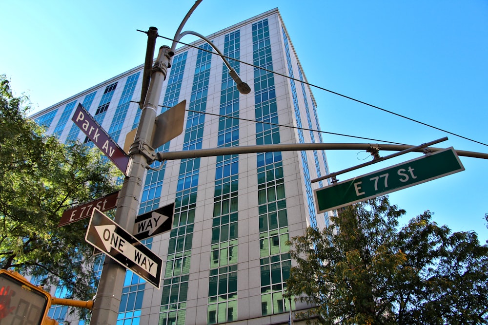 a street sign and a traffic light in front of a tall building