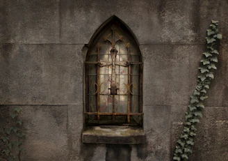 An old arched window framed by ivy on a rustic stone wall.
