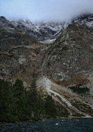 A steep, rugged mountain range partially covered with snow and clouds. At the base of the mountains, there are dense clusters of evergreen trees and a body of water with small waves. The scene appears cold and dramatic with the stark contrast between the dark rocks, green trees, and the snow-covered peaks above.