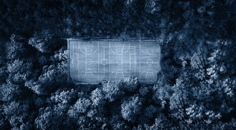 an aerial view of a soccer field in the woods
