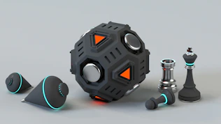 a set of electronic gadgets and chess pieces