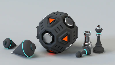 a set of electronic gadgets and chess pieces