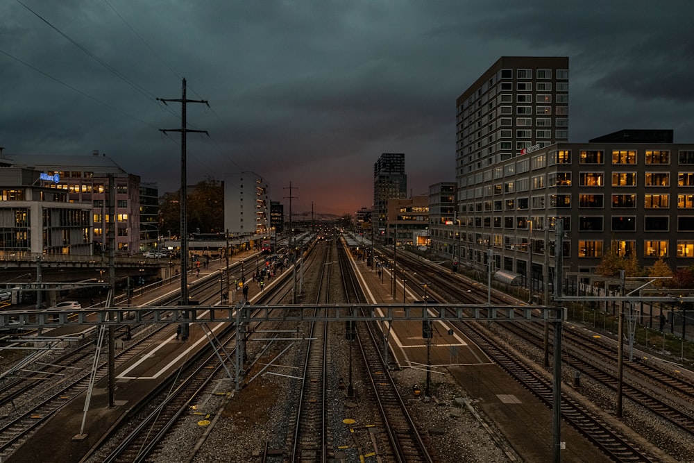 a view of a train yard at night