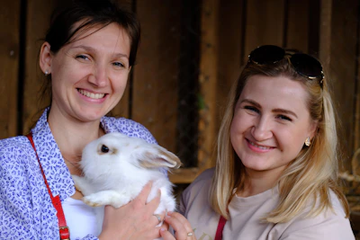 Volunteers smiling as they feed and care for a playful bunny in a cozy pen