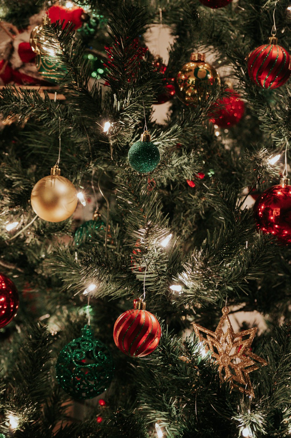 a close up of a christmas tree with ornaments