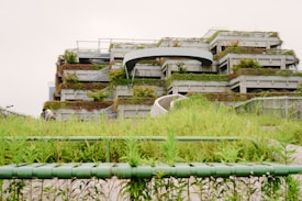 A multi-level structure covered in green plants and grass, with a modern and urban design. The foreground has lush vegetation, and there are pathways leading up to the building, creating a harmonious blend with nature.
