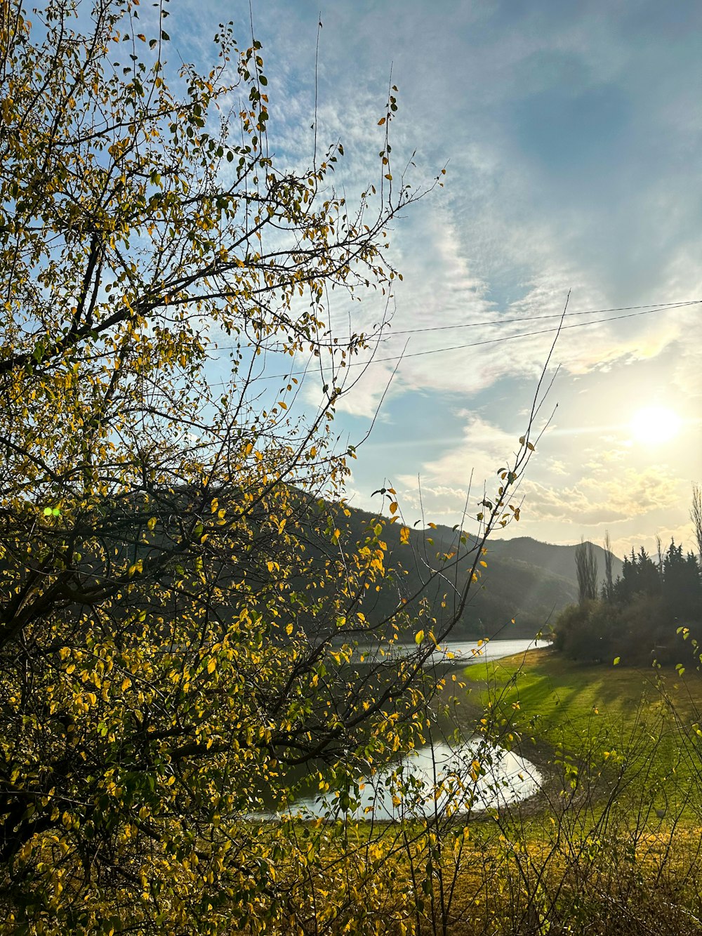 El sol se está poniendo sobre un pequeño lago