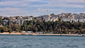 A scenic view of a coastal urban area with residential buildings nestled among dense greenery on a hillside. A construction crane is visible above the apartments, indicating ongoing development. The foreground features a large body of water with gentle waves, while the sky is partly cloudy, casting soft shadows over the landscape.