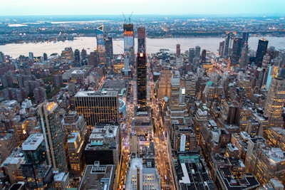 An aerial view of a bustling city skyline, emphasizing urban development and vibrancy.