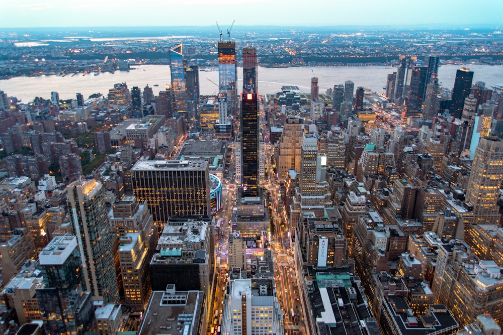 an aerial view of a city at night