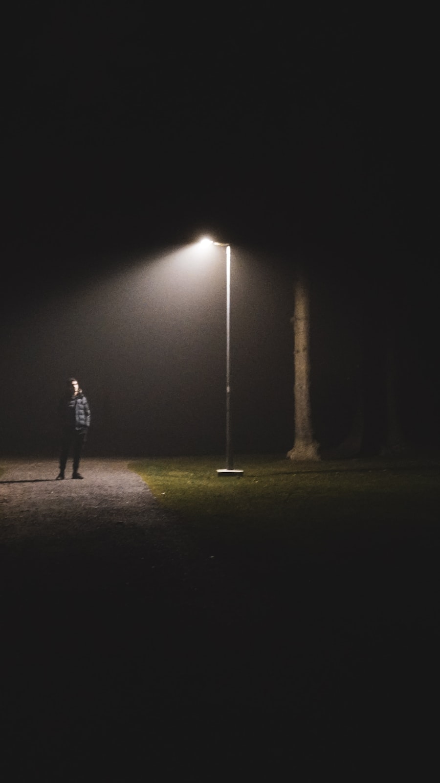 Person standing under street light at night