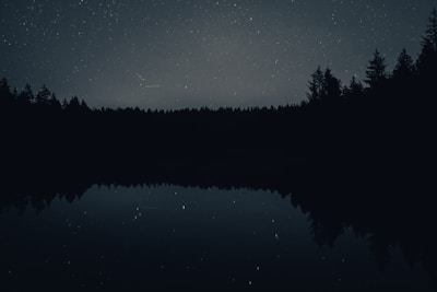An artistic shot of a starry night sky over a calm lake.