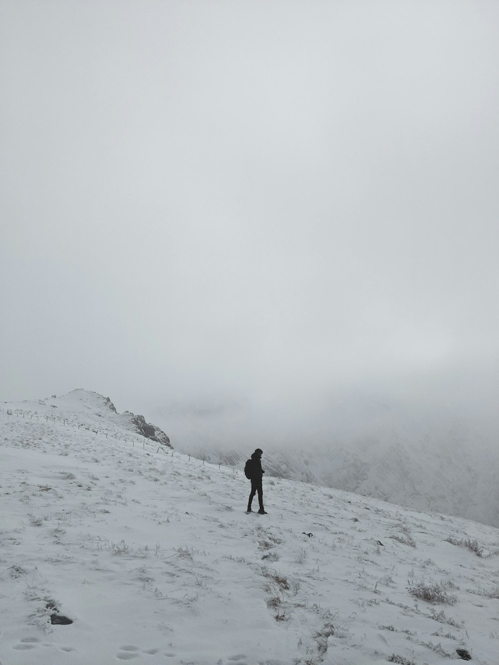 a person walking across a snow covered field