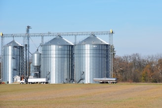 Several large metal grain silos stand on a farm field with a clear blue sky above. A semi-truck and another vehicle are parked nearby, suggesting agricultural activity. Trees with autumn foliage are visible in the background.