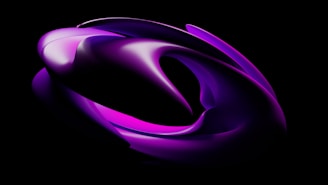 A futuristic and abstract digital artwork featuring smooth, flowing shapes with gradients of purple and pink hues creating a dynamic form on a black background.