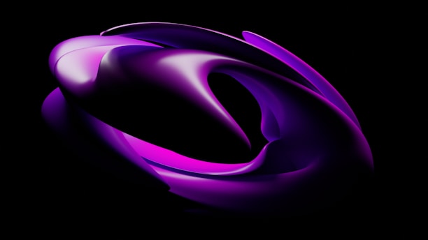 A futuristic and abstract digital artwork featuring smooth, flowing shapes with gradients of purple and pink hues creating a dynamic form on a black background.