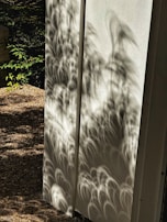 Soft shadows cast on a white wall with a single green plant in the corner.