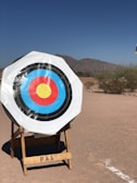 A large archery target with concentric circles in black, white, blue, red, and yellow is placed outdoors on a wooden stand. The target is set against a backdrop of a desert landscape with mountains and sparse vegetation under a clear blue sky.
