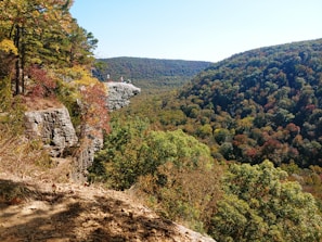 Tourists enjoying panoramic views from a rocky viewpoint with autumn foliage