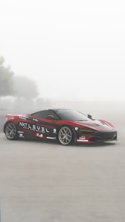 A sleek red sports car with black and white detailing is parked on a foggy road. The car is adorned with various logos and branding including 'NXT LEVEL AUTO PROTECTION'. There are blurry trees in the background, contributing to a serene and mystical atmosphere.