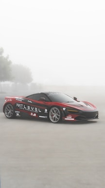 A sleek red sports car with black and white detailing is parked on a foggy road. The car is adorned with various logos and branding including 'NXT LEVEL AUTO PROTECTION'. There are blurry trees in the background, contributing to a serene and mystical atmosphere.