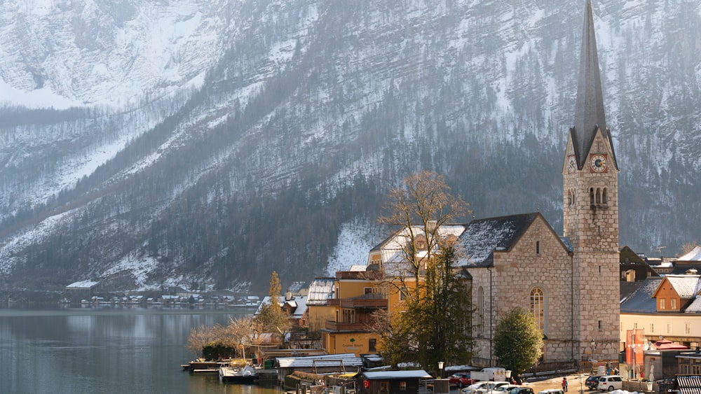 a small town with a church in the middle of it