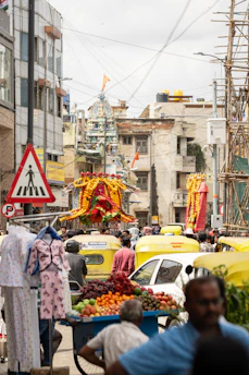 A vibrant street scene in Varanasi with a vendor serving fresh thandai to smiling customers.